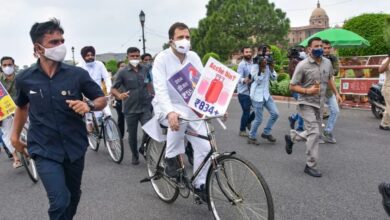 On Tuesday Congress leader Rahul Gandhi organized a breakfast with opposition party leaders. After the meeting he rides, a bicycle to the parliament as a protest against increasing fuel prices especially petrol with other opposition leaders.